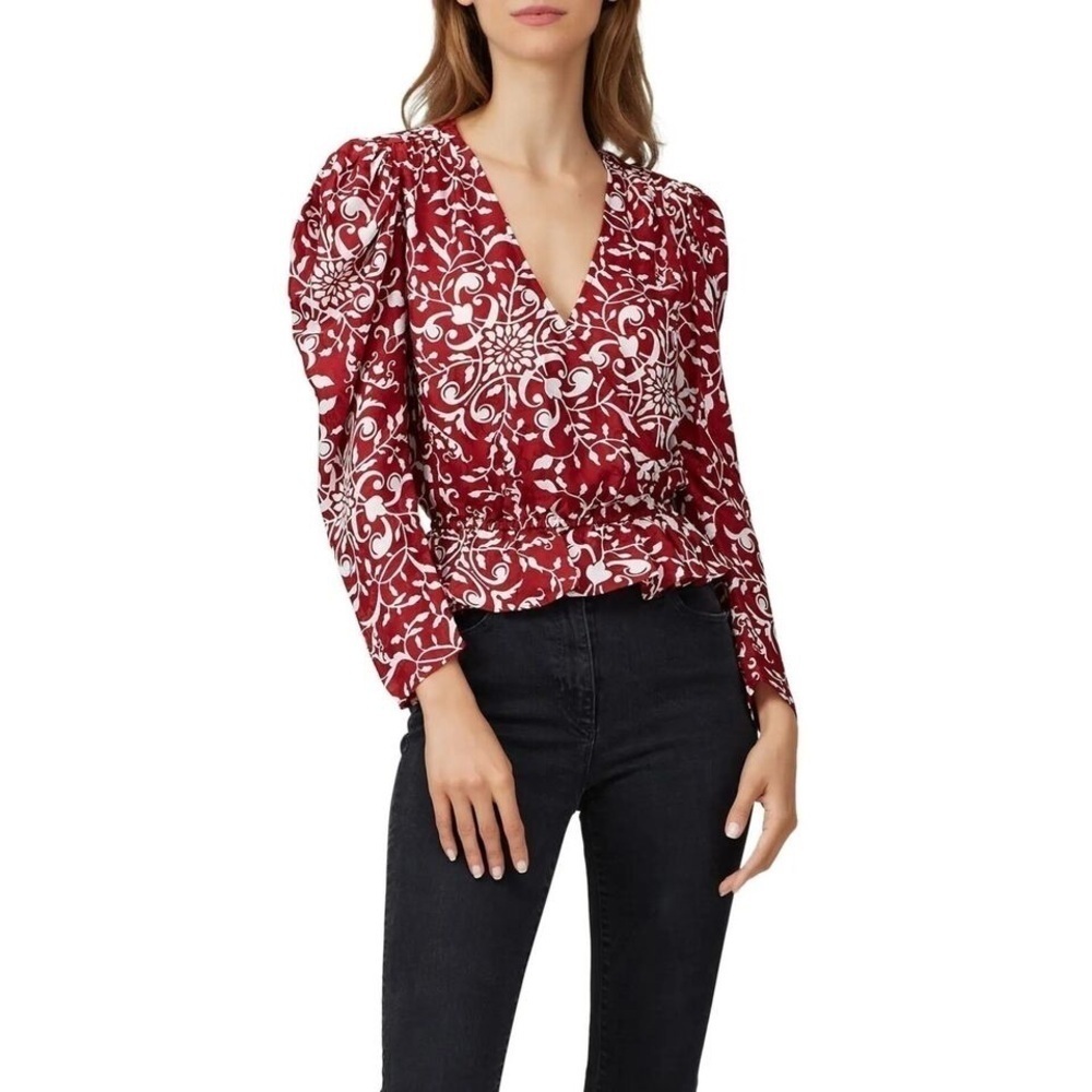 The Kooples Red Botanical Floral Print Puff Sleeve Peplum Silk Blend Top Size S